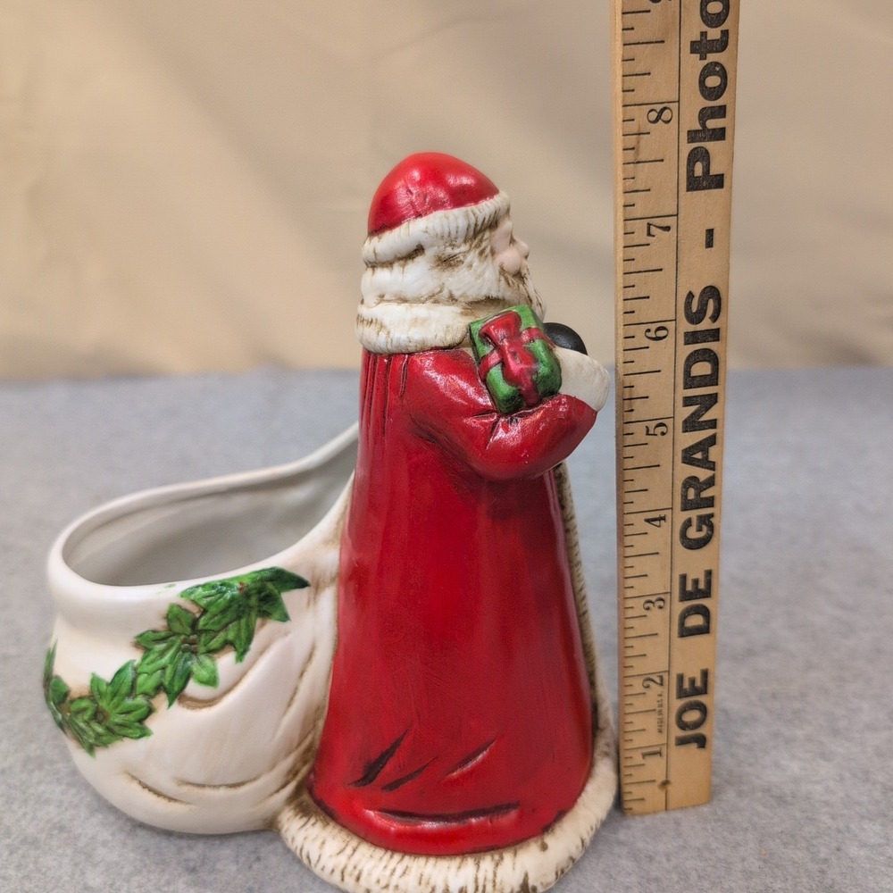 Claire Burke 1991 Ceramic Santa Claus Planter Candy Dish Red Green Holly - Picture 4 of 7